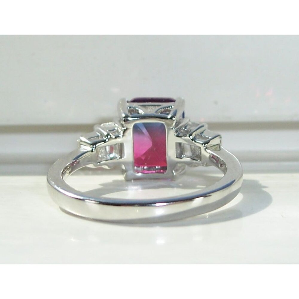 925 STERLING SILVER Bicolor Cubic Zirconia & Baguette Ring Blue & Pink - Picture 11 of 16